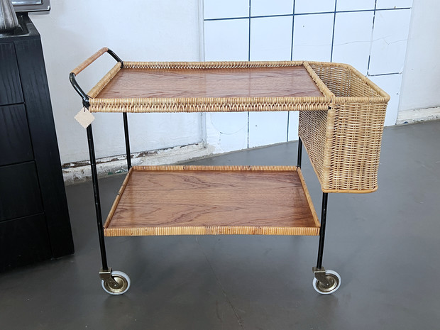 Servierwagen aus Stahl, Rattan & Teak