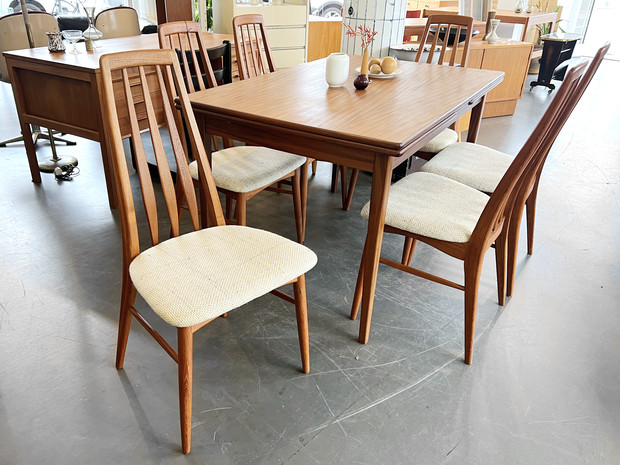 6er Set Teak Stühle Modell Eva von Niels Kofoed für Kofoeds / Wollbezüge