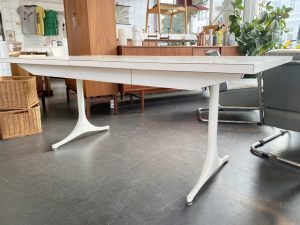 Ausziehbarer Esstisch Model F66 / Pedestal 5559 von George Nelson für Herman Miller / 2 Einlegeplatten / Aluminium, Formica, Holz