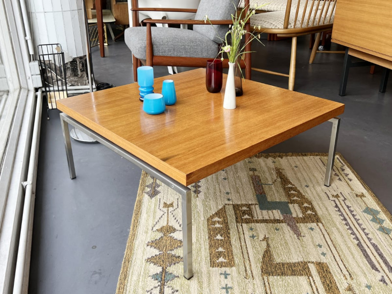 Couchtisch Teak & Stahl, 70er Jahre, 79 x 79 x 36 cm