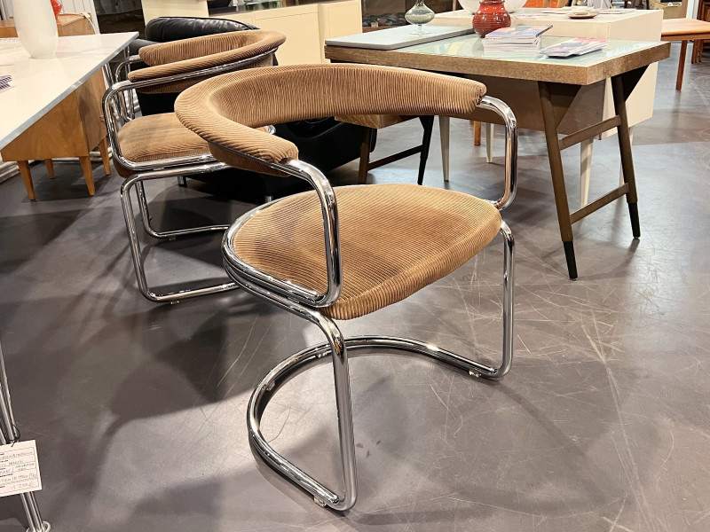 4er Set Stahlrohr-Freischwinger mit braunem Cord-Bezug von Giotto Stoppino, Italien